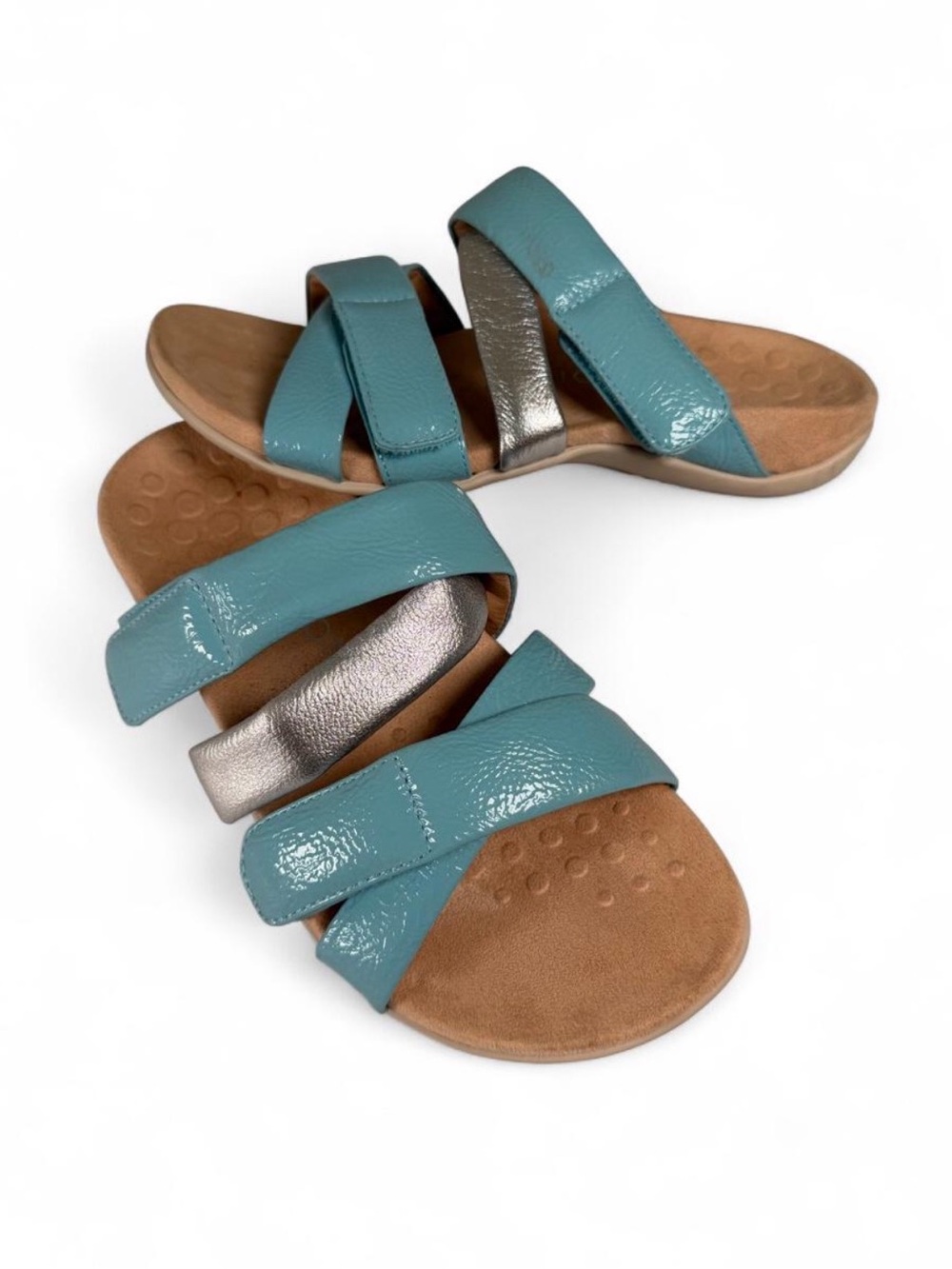 Vionic Teal and Silver Triple-Strap Hadlie Comfort Slides